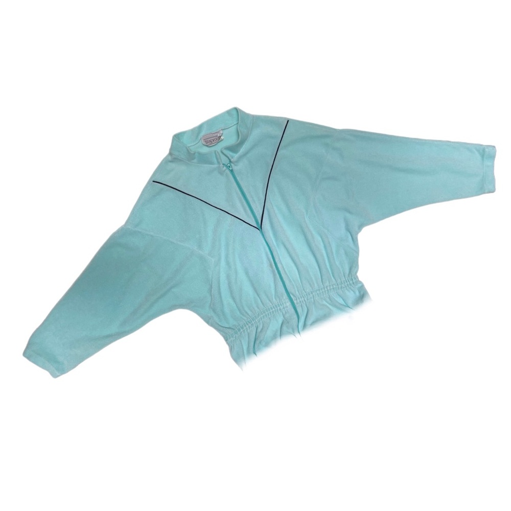 Vintage 80s Velour Jumpsuit Pastel Robins Egg Blue Retro Romper Dolman Sleeve - Picture 3 of 11